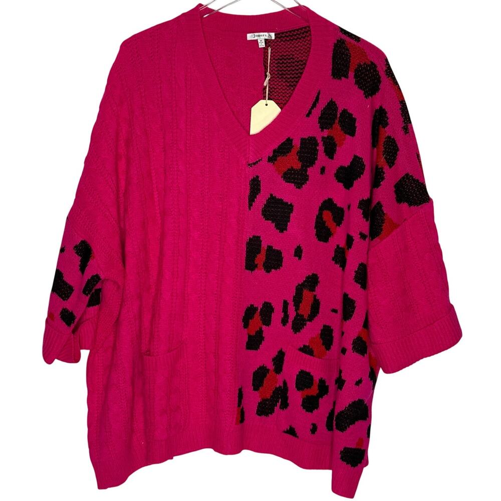 JODIFL Pink Two Toned V Neck Knit Pullover Leopard Print Sweater M NEW Oversized